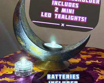 Crescent MOON CANDLEHOLDER with 2 LED Tea Light Candles – Witchy Altar Decor, Halloween Home Accent, Astrology Gift! Silver & Gold Color!