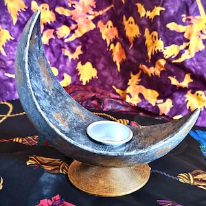 OOAK Witchy Witches Celestial Crescent Moon Candleholder for Altar, Gift, Home and Halloween Decor, Candle and Astrology Lovers!