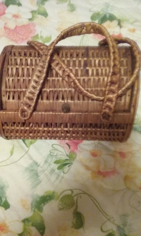 Vintage Wicker Bamboo Rattan Nailed Purse with Wov