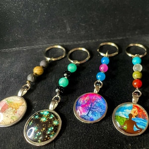 Cabochon Keychain Map Travel Wonderlust Space Galaxy Namaste Zen