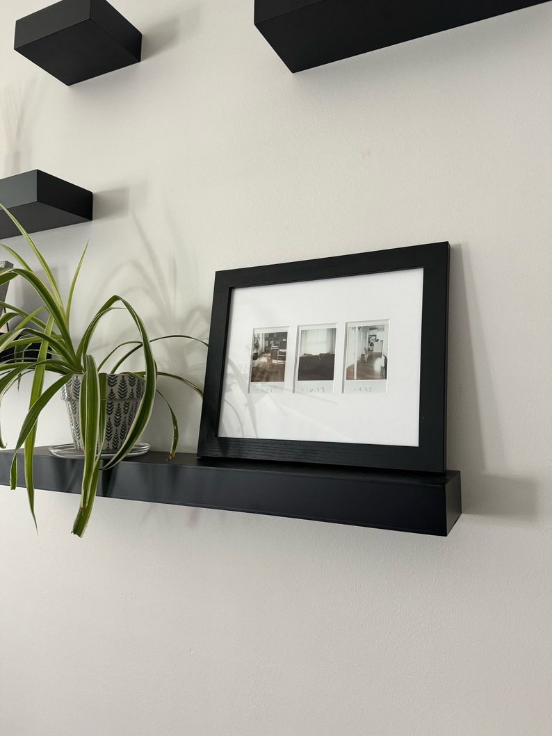 May include: A black floating shelf with a black picture frame on top. The picture frame has three black and white photos inside. A green plant in a white pot is on the shelf.