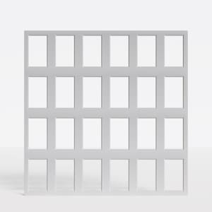 May include: A white metal grid with a square pattern. The grid is made of thin metal bars and has a smooth, polished finish.