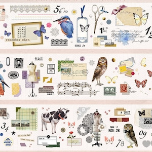 Puede incluir: Una colección de efímeras de papel de estilo vintage con imágenes de pájaros, mariposas y otros diseños inspirados en la naturaleza. Las efímeras de papel incluyen números, palabras y otros elementos decorativos. Las efímeras de papel son perfectas para el scrapbooking, la elaboración de tarjetas y otros proyectos de manualidades.