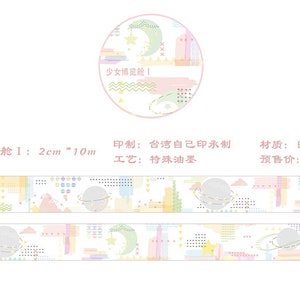 Może przedstawiać: Taśma washi w pastelowych odcieniach r&oacute;żu, błękitu i ż&oacute;łci z powtarzającym się wzorem gwiazd, księżyc&oacute;w i kształt&oacute;w geometrycznych. Taśma ma 2 cm szerokości i 10 metr&oacute;w długości. Tekst na taśmie brzmi "少女博览舱Ⅰ".