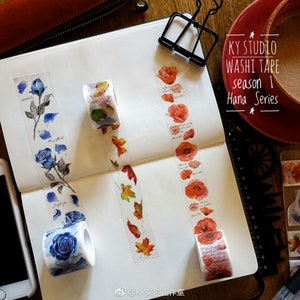 Próbka - Styl vintage Piękna niebieska róża/czerwony kwiat maku/żółte liście Taśma maskująca Washi firmy Ky Studio do dekoracji dzienników i kartek
