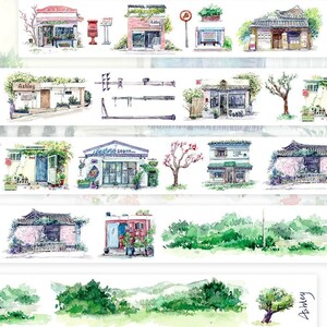 May include: A set of five watercolor washi tapes featuring illustrations of shops and buildings with green foliage, trees, and flowers. The tapes include the words "Ashley" and "Sogno".