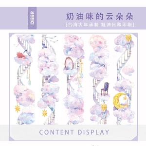 Könnte beinhalten: Ein Set aus vier Washi-Tapes mit einem verspielten Design aus weißen Treppen, die durch flauschige rosa und blaue Wolken steigen. Jedes Band enthält ein anderes dekoratives Element, wie einen Spiegel, einen Stuhl, einen Halbmond und einen Regenschirm.