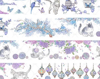 Próbka - Kolorowa taśma maskująca washi z motywem kota/lampy indyka/płytek/kwiatów/ryb firmy KY Studio do dekoracji kartek dziennika