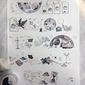 May include: A sheet of decorative washi tape featuring a whimsical, celestial theme. The tape features illustrations of clocks, moons, stars, and other celestial objects in shades of grey, blue, and pink. The tape is perfect for adding a touch of whimsy to journals, planners, and other craft projects.