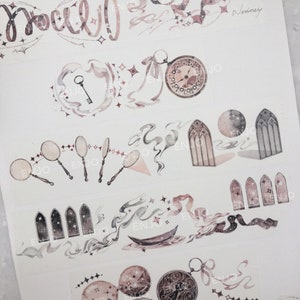 May include: A sheet of decorative washi tape featuring a whimsical watercolour design with stars, ribbons, keys, clocks, windows, and a boat. The tape is perfect for adding a touch of magic to journals, planners, and other craft projects.