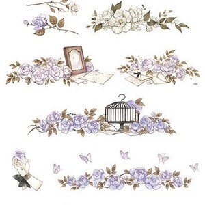 Pode incluir: Uma coleção de ilustrações de aquarela que apresentam arranjos florais delicados, uma gaiola para pássaros, um livro, um espelho, uma pena e um expositor de joias. As ilustrações estão em tons de branco, roxo, vermelho e marrom.