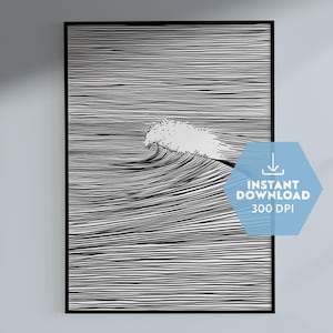 Peut inclure: Impression d'art en ligne noire et blanche d'une vague qui se brise. La vague est dessinée avec des lignes fines qui créent un sentiment de mouvement et d'énergie. L'impression est parfaite pour ajouter une touche d'art moderne à n'importe quelle pièce.