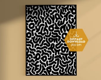 Tangled Flow – Black and White Abstract Line Art Print, Digital Download, Minimalist Illustration