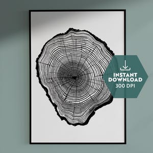 May include: Black and white illustration of a tree trunk cross-section, showing the rings. The image is in a simple, minimalist style.