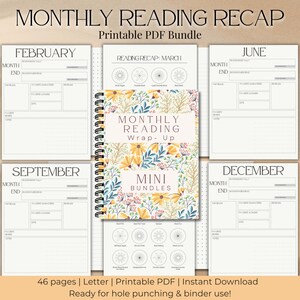 May include: A printable PDF bundle titled "MONTHLY READING RECAP" with a floral cover design. The bundle includes pages for monthly reading wrap-ups, with sections for tracking books read, favorite characters, and notes. The text "46 pages | Letter | Printable PDF | Instant Download" is also visible.