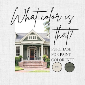 Peut inclure: Une maison verte avec des moulures blanches et une porte brune. La maison a un porche avec un escalier en brique. L'image comprend du texte qui dit "Quelle couleur est-ce ?" et "Acheter pour les informations sur la couleur de la peinture." Il y a deux échantillons de couleurs étiquetés "Bordure" et "Extérieur".