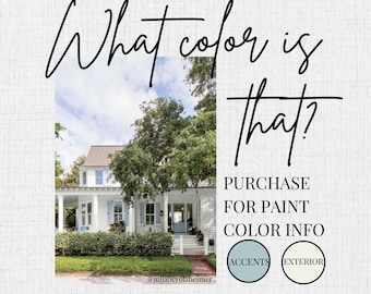 May include: A white house with blue shutters and a blue door. The house has a porch with white columns and a white picket fence. The text "What color is that?" is written above the house. The text "PURCHASE FOR PAINT COLOR INFO" is written below the house. There are two circles below the text, one labeled "ACCENTS" and the other labeled "EXTERIOR".
