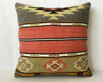 Vintage Kilim Pillow Cover, 20x20 inch, Turkish Rug Pillow
