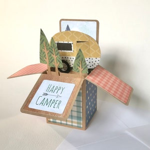 Personalised Pop Up Retro Caravan Camping Card mustard (masculine)