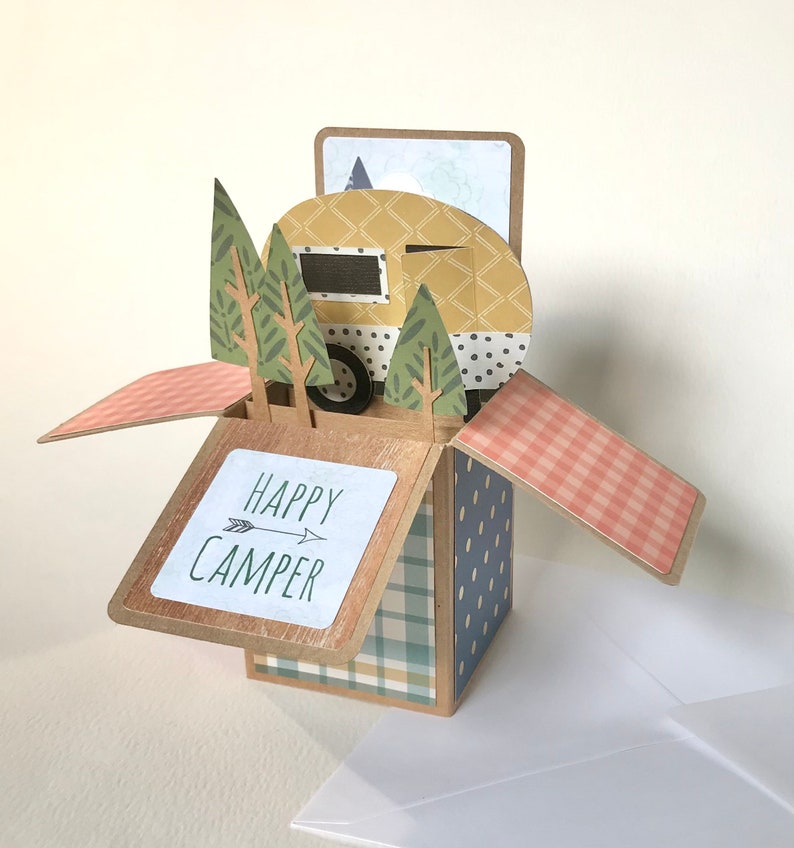 Personalised Pop Up Retro Caravan Camping Card mustard (masculine)