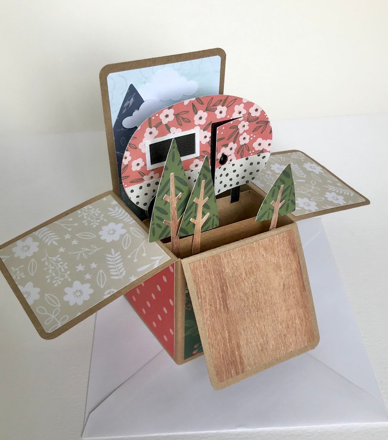 Personalised Pop Up Retro Caravan Camping Card pink floral