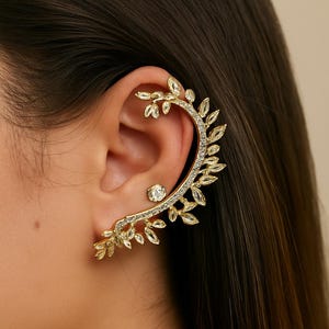 Gold Leaf Ear Cuff, No Piercing Ear Climber, Bridal Crystal Vine Earring, Boho Wedding Jewelry, Statement Wrap Earring, Gift For Her