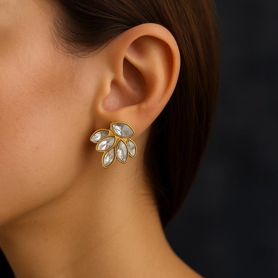 Gold Leaf Crystal Stud Earrings: Vintage Bridal Jewelry