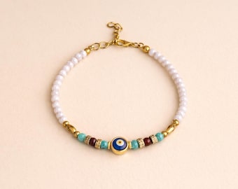 Gold Evil Eye Armband für Schutz, zierliche Perlen Nazar Armband für Frauen, türkisblauer Kristall Boho Schmuck, bedeutungsvolles Geschenk für Sie