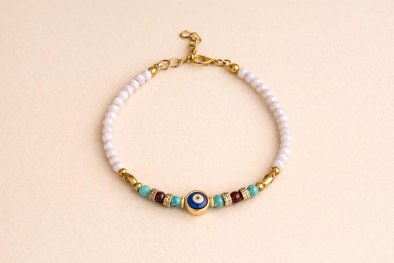 Gold Evil Eye Bracelet for Protection, Dainty Beaded Nazar Bracelet for Women, Turquoise Blue Crystal Boho Jewelry, Meaningful Gift for Her