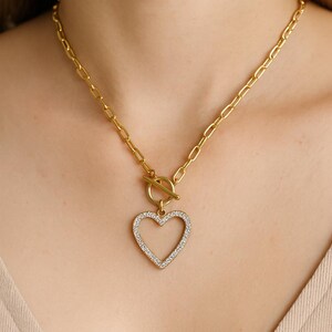 Gold Heart Pendant Necklace – Dainty Open Heart Charm, Cubic Zirconia Crystal Necklace, Toggle Clasp Chain, Gift for Her, Minimalist Jewelry