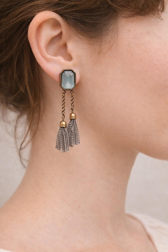Handmade Blue Crystal Tassel Drop Earrings, Antique Gold Long Dangle, Bridal Boho Jewelry, Gift for Her, Valentine’s Day Statement Earrings