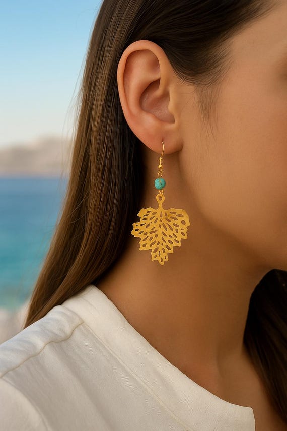 Boho Leaf Dangle Earrings: Gold Filigree & Turquoise Howlite