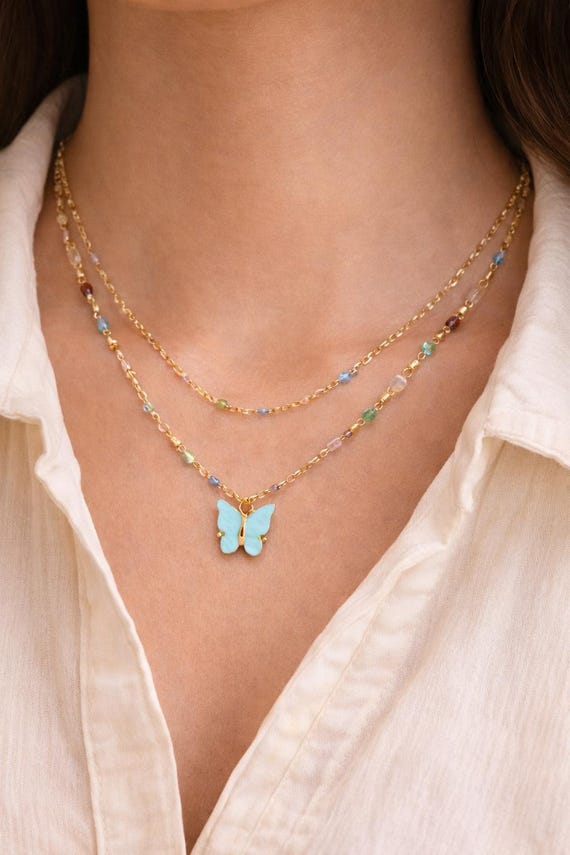 Butterfly Pendant Necklace, Gold Layered Jewelry with Colorful Beads, Y2K Butterfly, Valentines Day Gift for Her, Unique Love Accessory