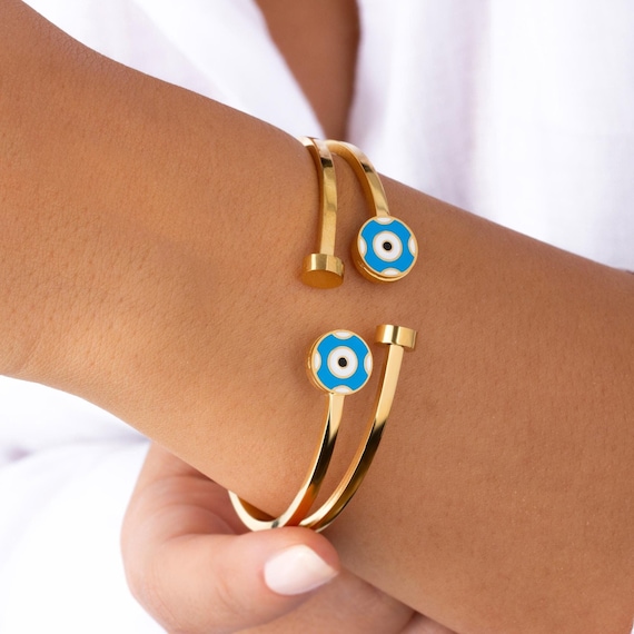 Gold Plated Evil Eye Cuff Bracelet, Turkish Turquoise Jewelry, Valentines Day Gift for Her, Romantic Jewelry Gift, Trendy Minimal Jewelry