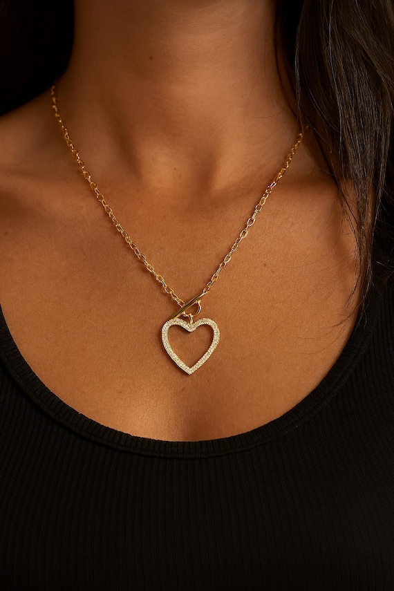 Gold Heart Pendant Necklace, Cubic Zirconia Charm, Toggle Clasp, Minimal Everyday Jewelry, Romantic Gift Idea, Valentines Day Gift for Her