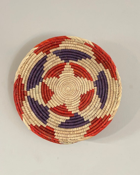Handmade Red Purple Woven Wall Basket, Boho Decor, Handwoven Wall Art, Handwoven Wall Art,