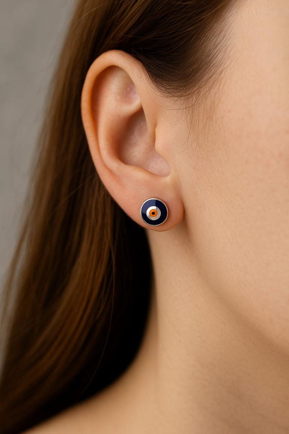 Mini Enamel Evil Eye Stud Earrings • Sterling Tone