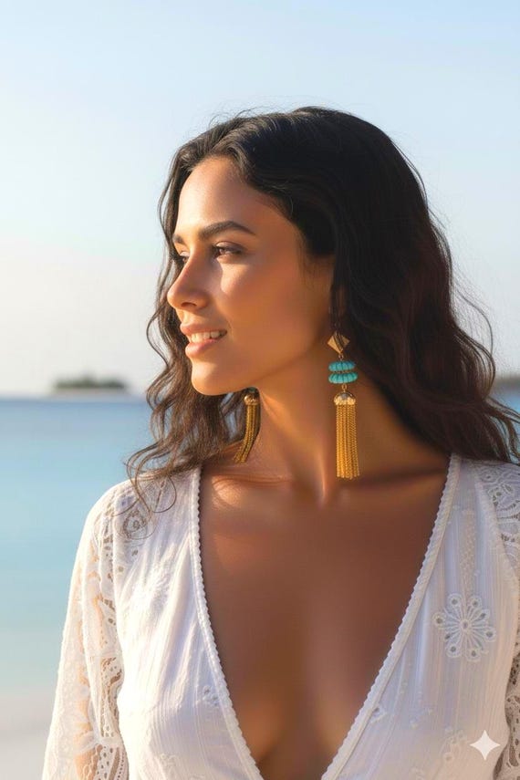 Gold Plated Sculptural Drop Earrings, Modern Elegant Style, Jewelry Gift For Her, Turquoise Boho Tassel Earrings, Western Statement Jewelry
