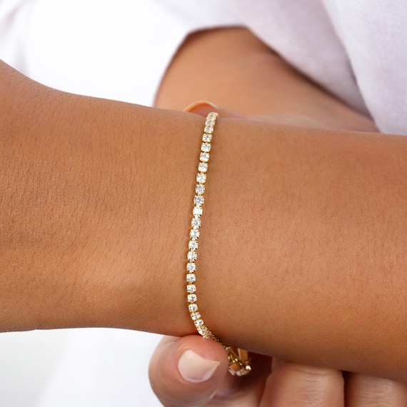 Handmade CZ Diamond, Gold Tone Tennis Bracelet, Rhinestone Bracelet, Dainty Minimal Jewelry, Valentines Day Gift for Her, Jewelry Gift Ideas