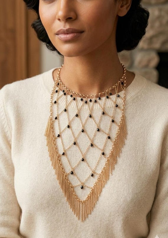 Gold Beaded Layered Bib Necklace, Elegant Statement Fringe Jewelry, Dainty Onyx Choker, Boho Chic Mesh Neckpiece, Gift for Her, Mothers Day