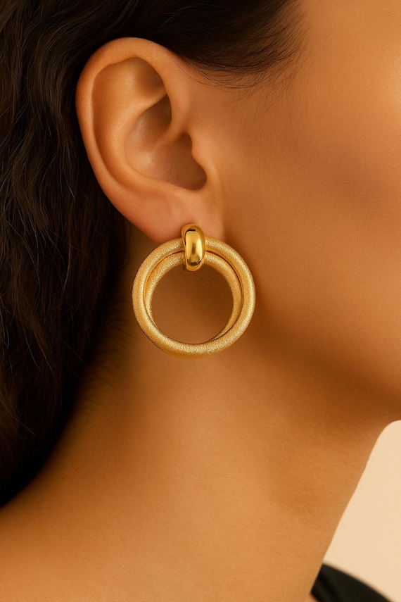 Vintage Gold Textured Hoop Earrings: 80s Retro Statement Jewelry
