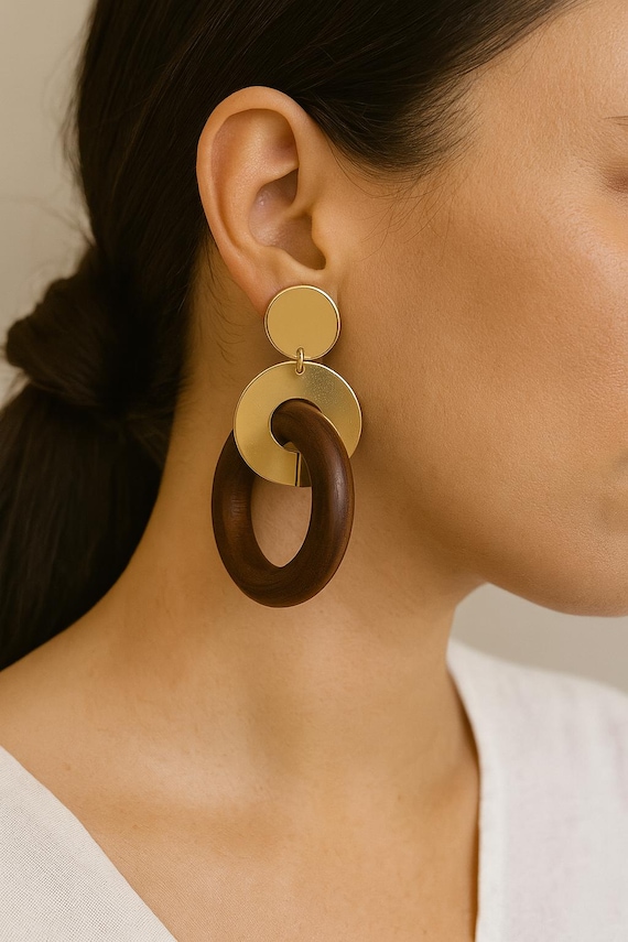 Wood Circle Dangle Earrings: 14K Gold Plated, Boho Statement Jewelry