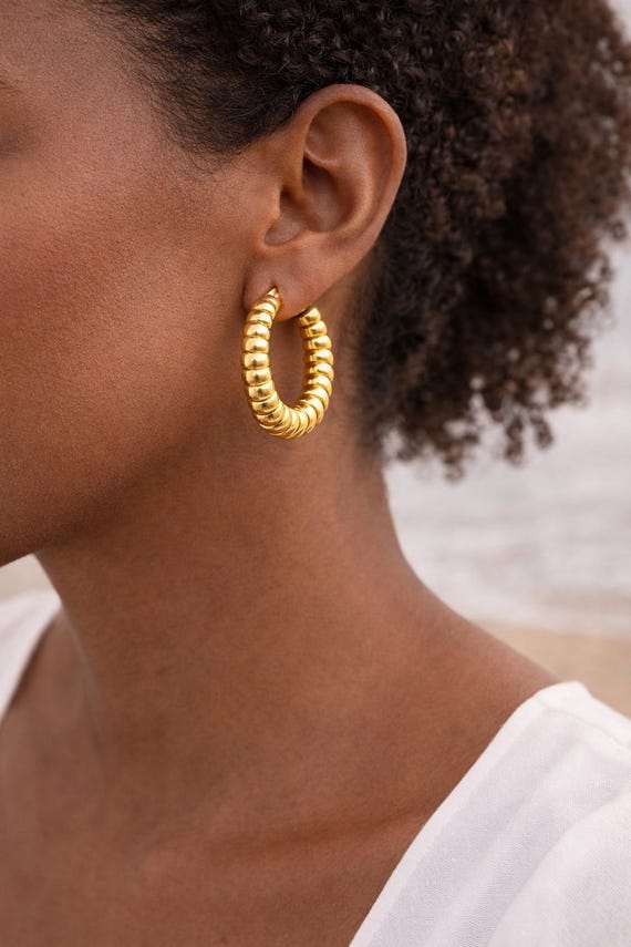 Gold Hoop Earrings for Women, Chunky Textured Hoops, Minimalist Gold Earrings, Valentines Day Gift for Her, Handmade gift for mom, For her