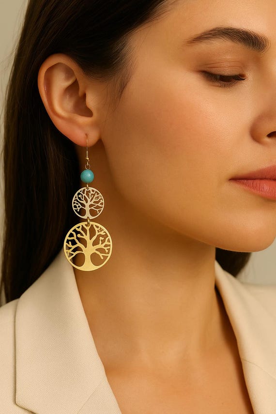 Gold Tree of Life Earrings, Turquoise Boho Dangle Jewelry, Romantic Jewelry Gift, Valentines Day Gift for Her, Unique Gift for Women
