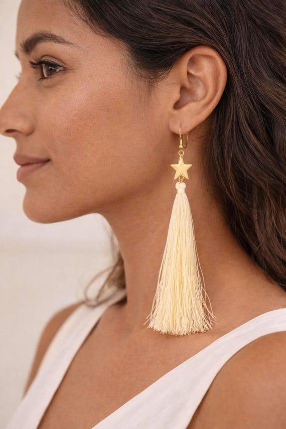 Boho Tassel Earrings, Long Fringe Dangle Jewelry, Gold Star Drop Earrings, Statement Bohemian Gift for Her, Festival Style Accessory