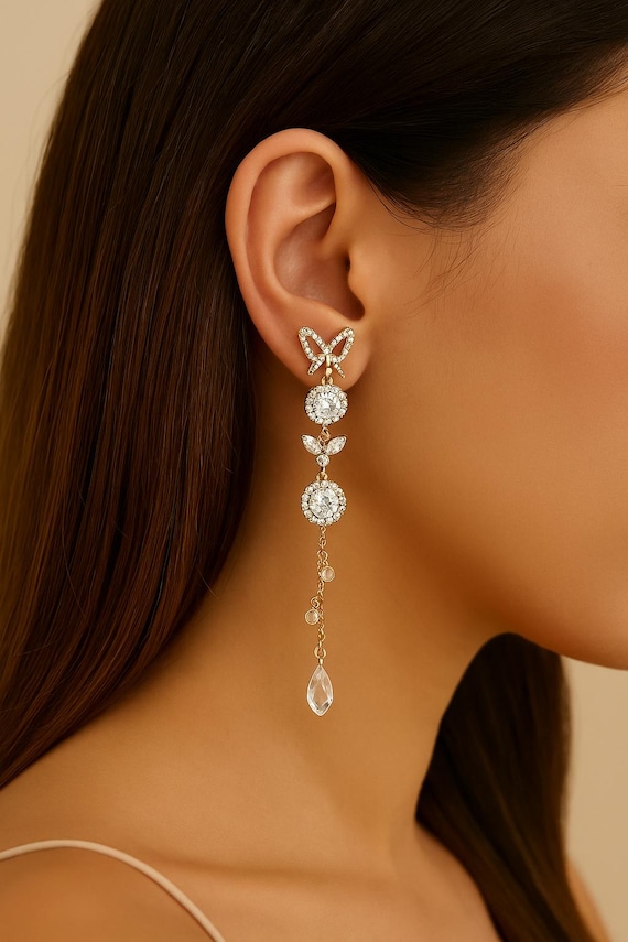 Butterfly Crystal Drop Earrings: Gold Chain Dangle Bridal Jewelry