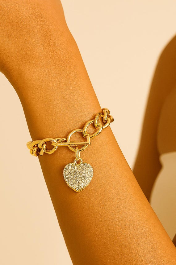 Chunky Heart Lock Bracelet, GoldCrystal Pave Charm, Valentines Day Gift for Her, Romantic Jewelry Gift, Trendy Minimal Jewelry