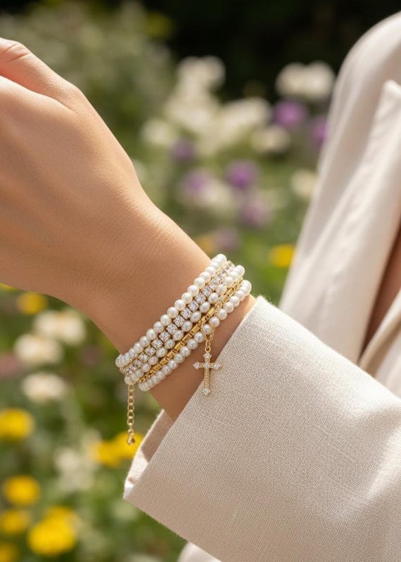 Gold Pearl Cross Bracelet, Layered Religious Jewelry, Valentines Day Gift for Her, Elegant Christian Bracelet, Minimal Gold Pearl Jewelry