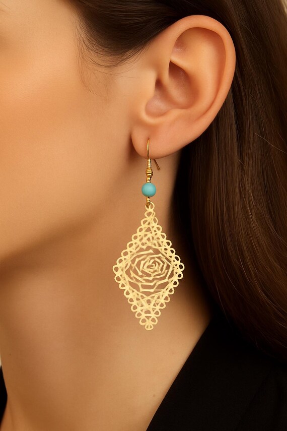 Gold Rose Dangle Earrings: Turquoise Bead Boho Filigree Jewelry