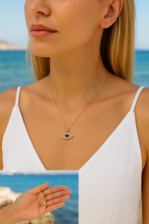 Dainty Gold Evil Eye Necklace, CZ Crystal Pendant, Double Layer, Minimal Everyday Jewelry, Romantic Gift Idea, Valentines Day Gift for Her